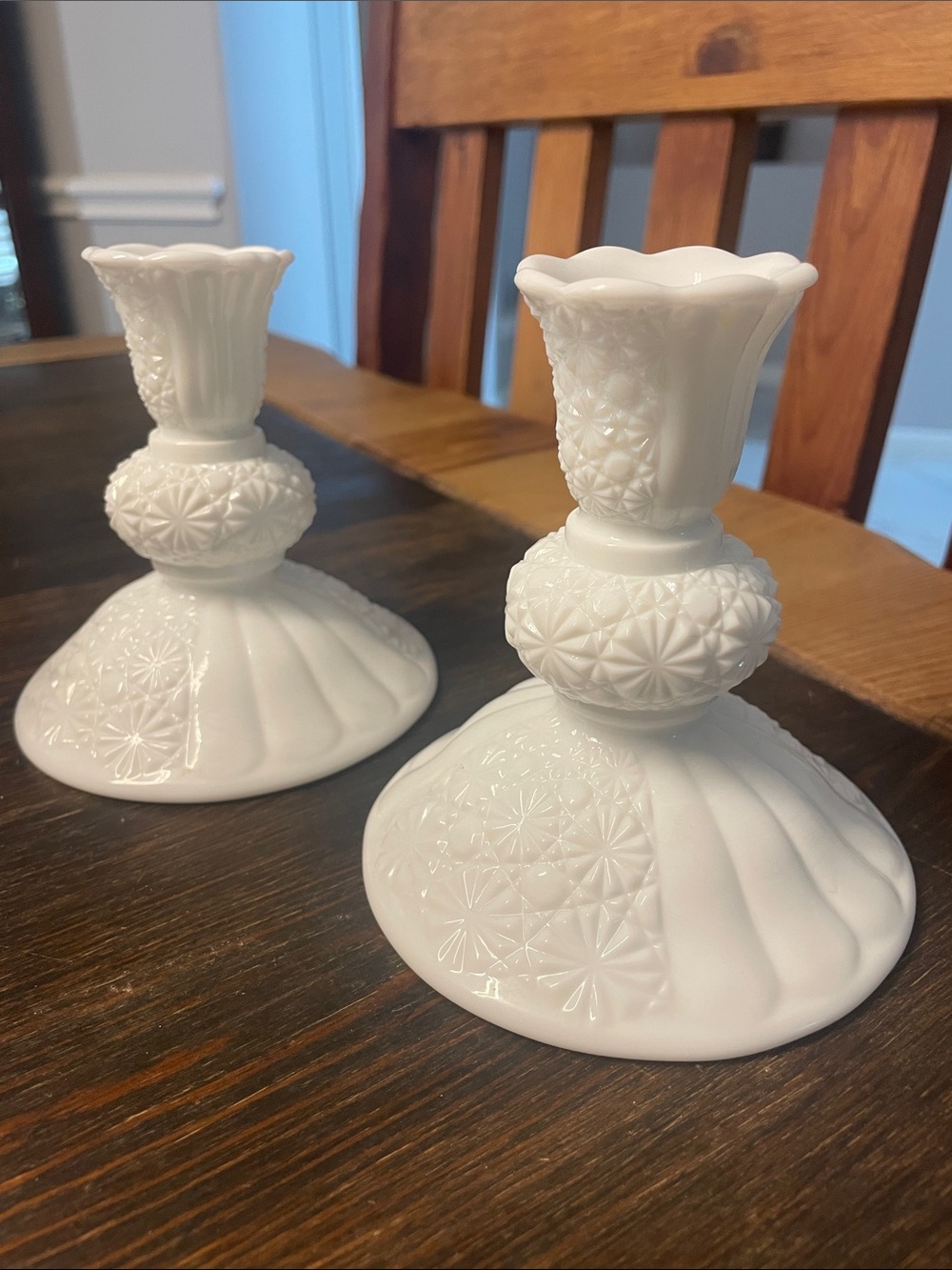 Vintage White Milk Glass Candlestick Pair - Elegant Floral Pattern